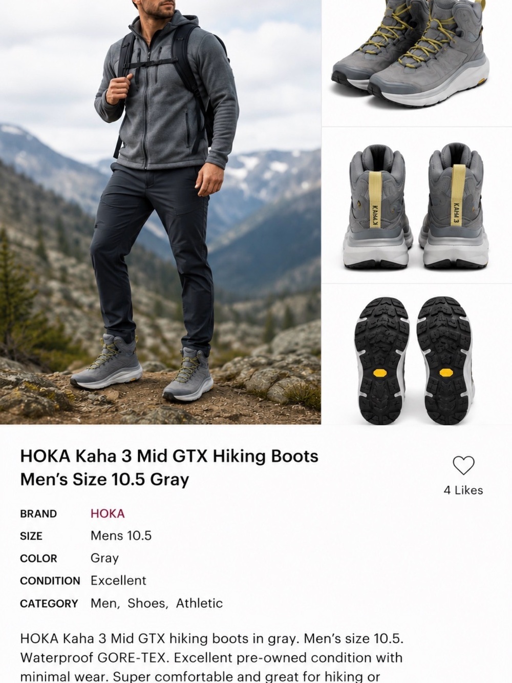 Hoka Gray Hiking Boots with Yellow Accents